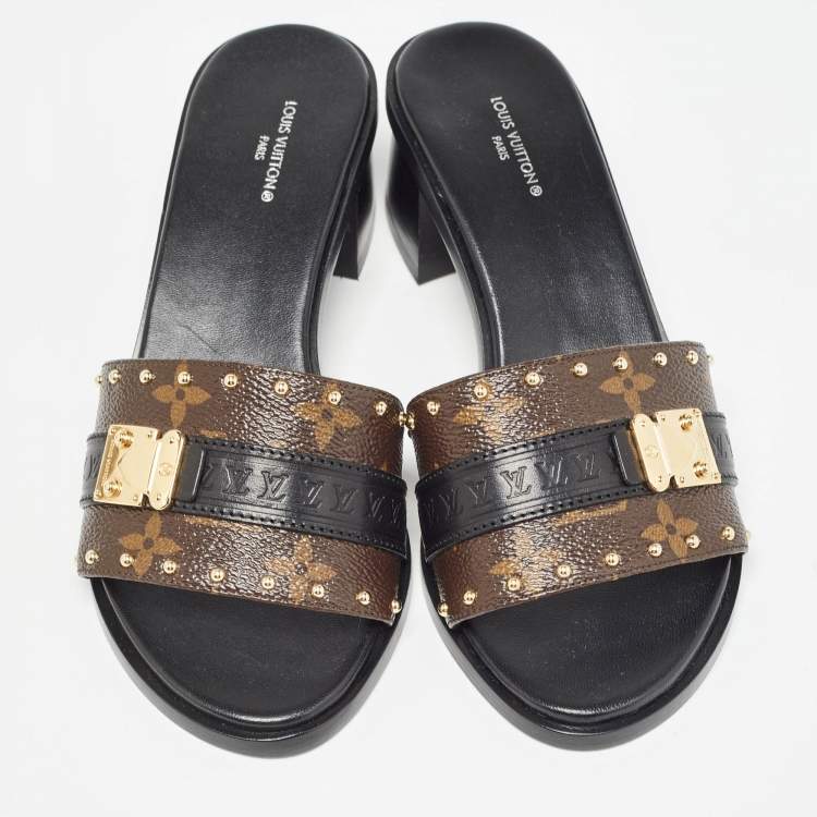 Pre Owned Louis Vuitton Brown/Black Monogram Canvas Slides Size 36