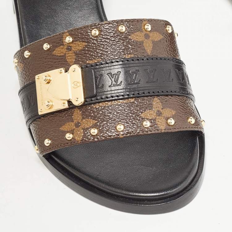 Pre Owned Louis Vuitton Brown/Black Monogram Canvas Slides Size 36