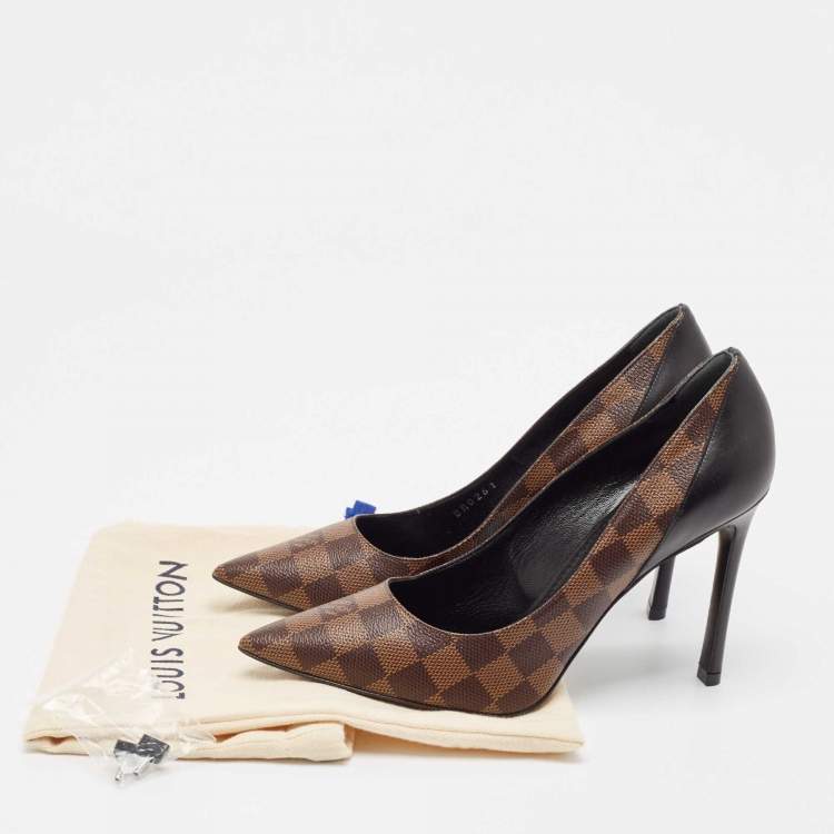 Pre Owned Louis Vuitton Brown/Black Damier Ebene Canvas and Leather Chérie Pumps Size 39.5