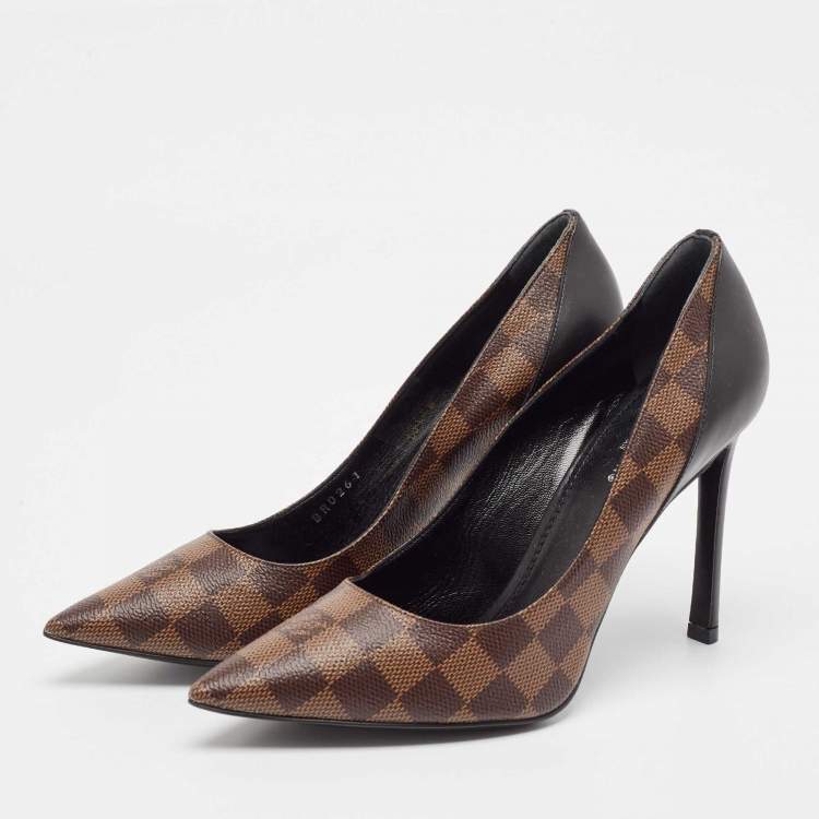 Pre Owned Louis Vuitton Brown/Black Damier Ebene Canvas and Leather Chérie Pumps Size 39.5