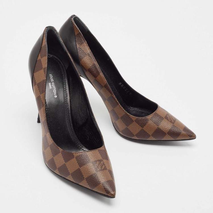 Pre Owned Louis Vuitton Brown/Black Damier Ebene Canvas and Leather Chérie Pumps Size 39.5