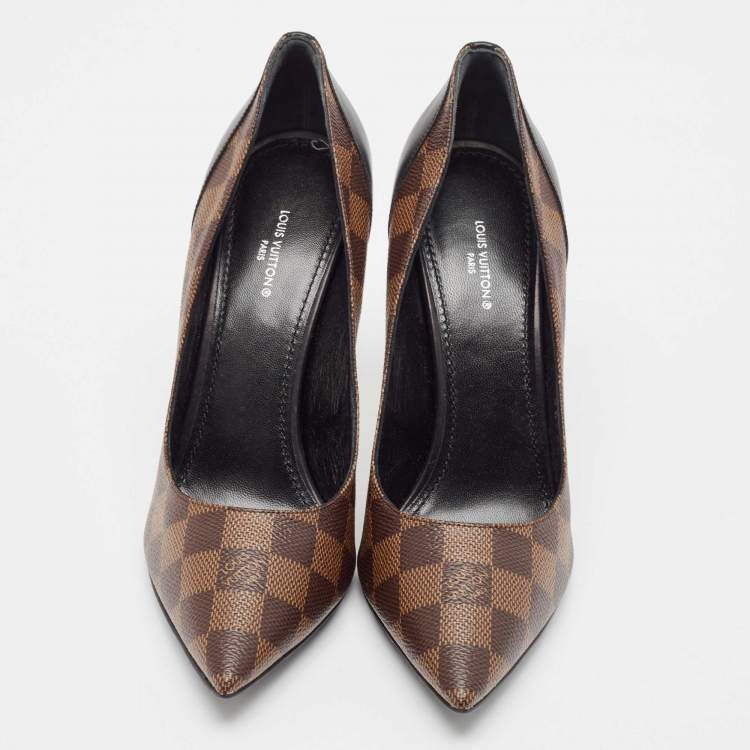 Pre Owned Louis Vuitton Brown/Black Damier Ebene Canvas and Leather Chérie Pumps Size 39.5