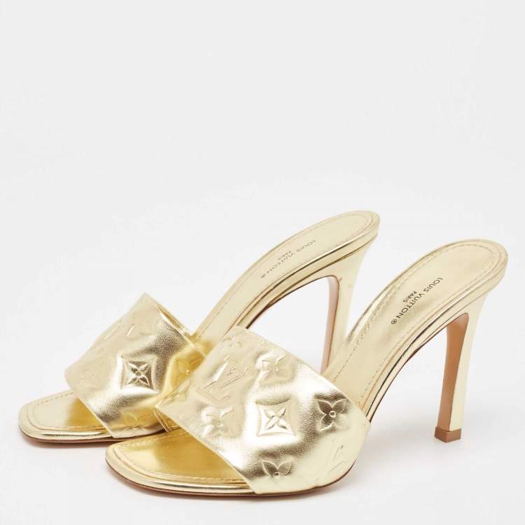 Pre Owned Louis Vuitton Gold Monogram Embossed Leather Revival Slide Sandals Size 38