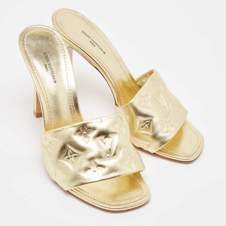 Pre Owned Louis Vuitton Gold Monogram Embossed Leather Revival Slide Sandals Size 38