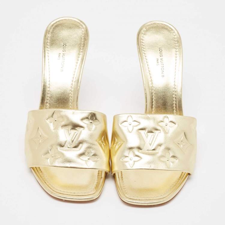 Pre Owned Louis Vuitton Gold Monogram Embossed Leather Revival Slide Sandals Size 38