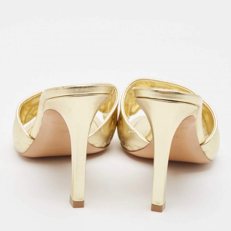 Pre Owned Louis Vuitton Gold Monogram Embossed Leather Revival Slide Sandals Size 38