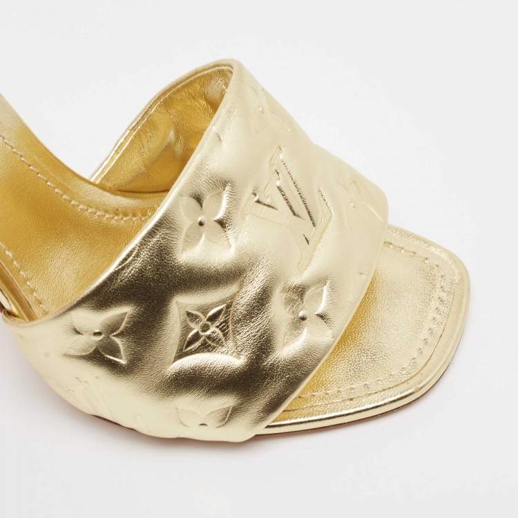 Pre Owned Louis Vuitton Gold Monogram Embossed Leather Revival Slide Sandals Size 38