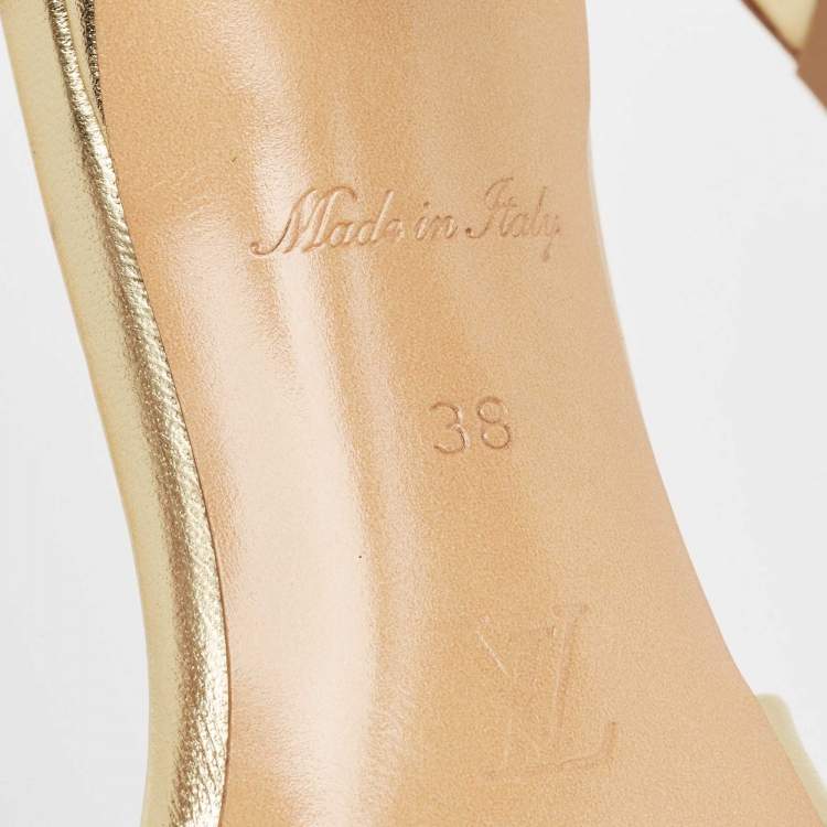 Pre Owned Louis Vuitton Gold Monogram Embossed Leather Revival Slide Sandals Size 38