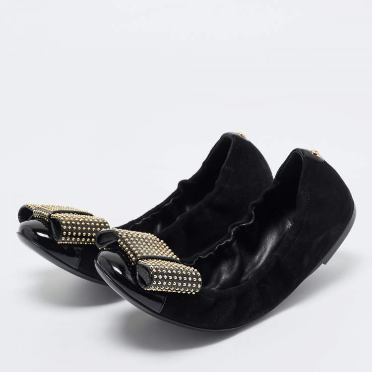 Pre Owned Louis Vuitton Black Suede Embellished Ballet Flats Size 37.5