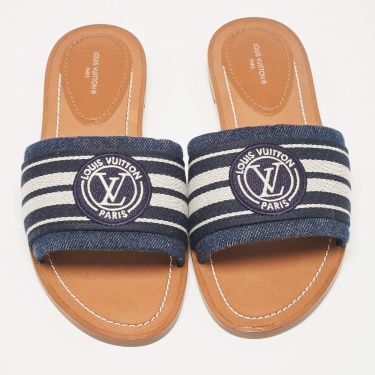 Pre Owned Louis Vuitton Blue Denim Lock It Flat Slides Size 38