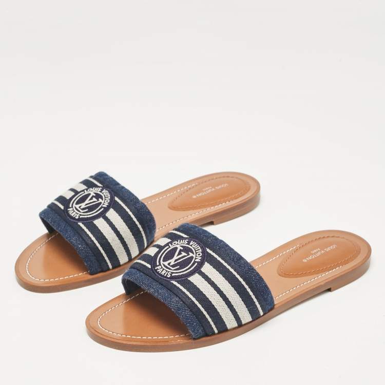 Pre Owned Louis Vuitton Blue Denim Lock It Flat Slides Size 38