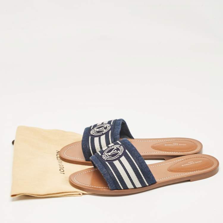 Pre Owned Louis Vuitton Blue Denim Lock It Flat Slides Size 38