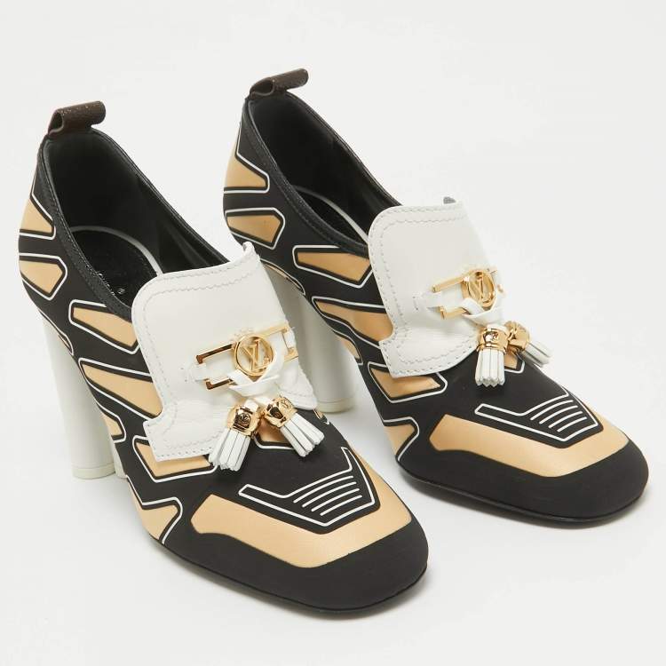Pre Owned Louis Vuitton Black/Yellow Fabric and Leather Swift Loafer Pumps Size 41