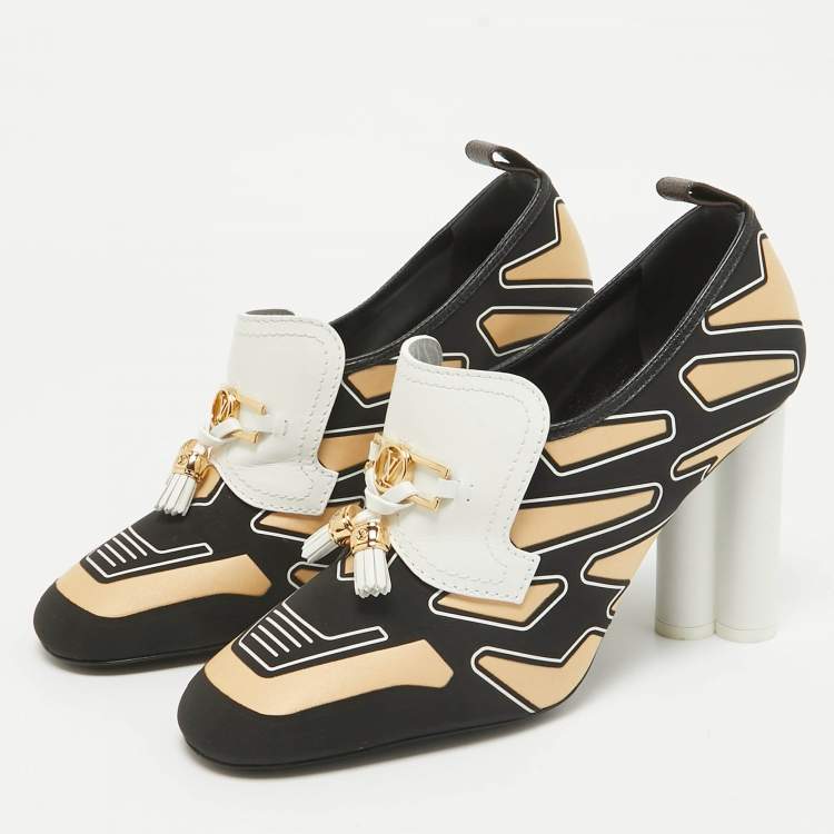 Pre Owned Louis Vuitton Black/Yellow Fabric and Leather Swift Loafer Pumps Size 41