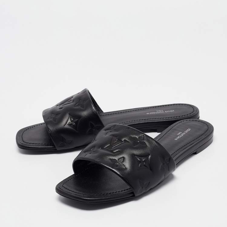Pre Owned Louis Vuitton Black Monogram Embossed Leather Revival Flat Slides Size 38