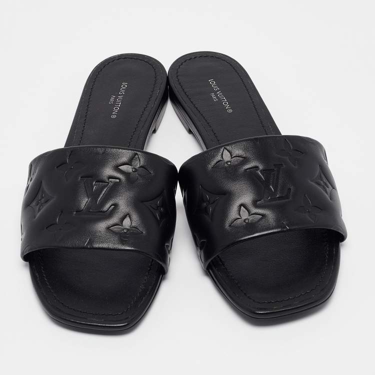 Pre Owned Louis Vuitton Black Monogram Embossed Leather Revival Flat Slides Size 38