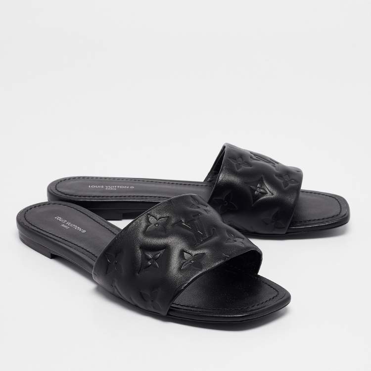 Pre Owned Louis Vuitton Black Monogram Embossed Leather Revival Flat Slides Size 38