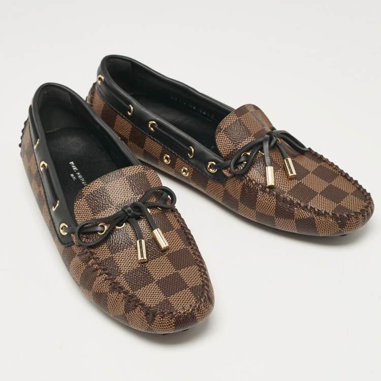 Pre Owned Louis Vuitton Brown/Black Damier Ebene Canvas and Leather Gloria Loafers Size 37.5