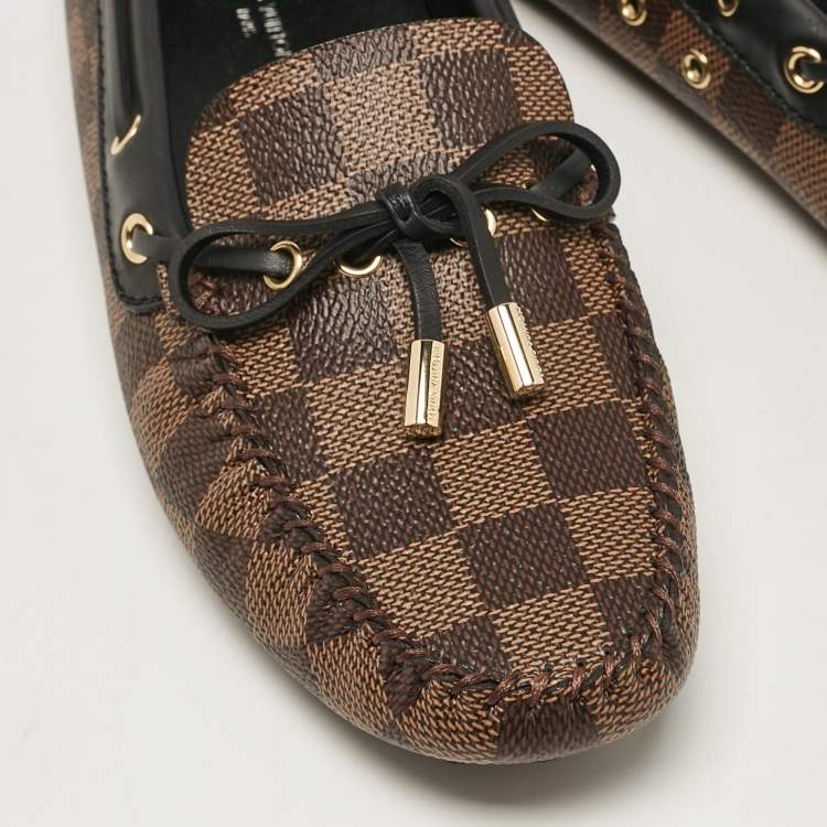 Pre Owned Louis Vuitton Brown/Black Damier Ebene Canvas and Leather Gloria Loafers Size 37.5