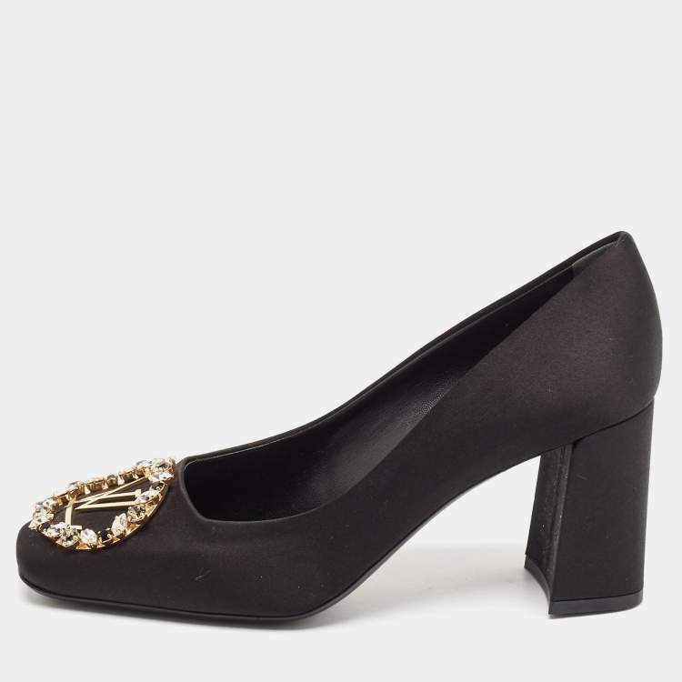 Pre Owned Louis Vuitton Black Satin Madeleine Block Heel Pumps Size 38