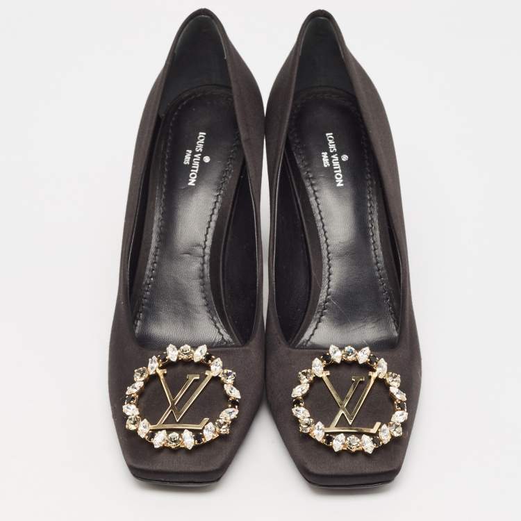 Pre Owned Louis Vuitton Black Satin Madeleine Block Heel Pumps Size 38
