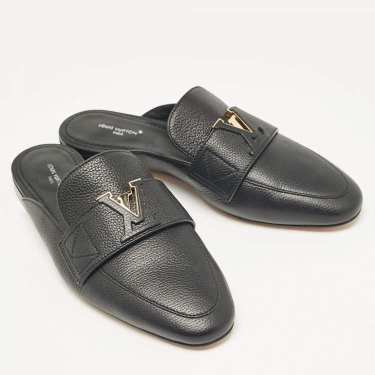Pre Owned Louis Vuitton Black Leather LV Capri Open Loafer Mules Size 37
