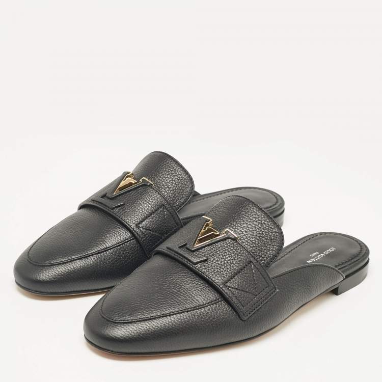 Pre Owned Louis Vuitton Black Leather LV Capri Open Loafer Mules Size 37