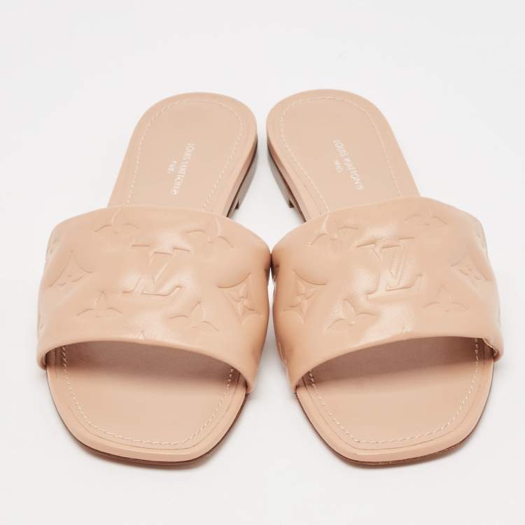 Pre Owned Louis Vuitton Light Pink Monogram Embossed Leather Revival Flat Slides Size 38