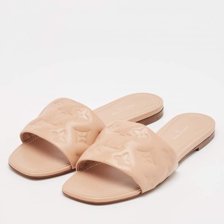 Pre Owned Louis Vuitton Light Pink Monogram Embossed Leather Revival Flat Slides Size 38