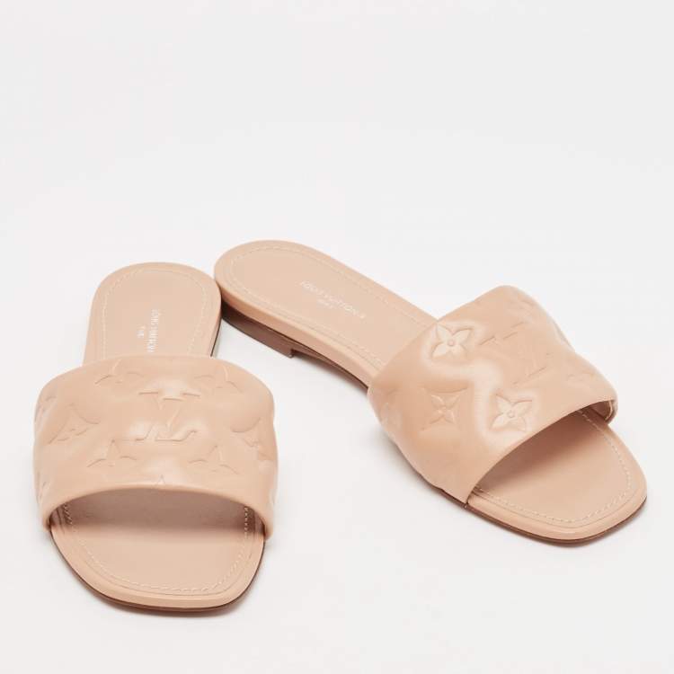 Pre Owned Louis Vuitton Light Pink Monogram Embossed Leather Revival Flat Slides Size 38