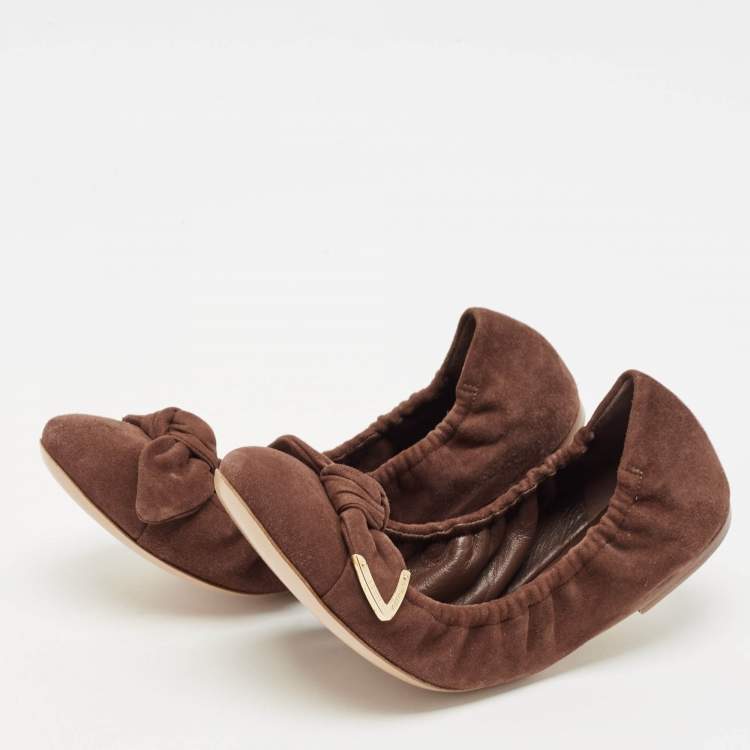 Pre Owned Louis Vuitton Brown Suede Leather Bow Knot Scrunch Ballet Flats Size 39