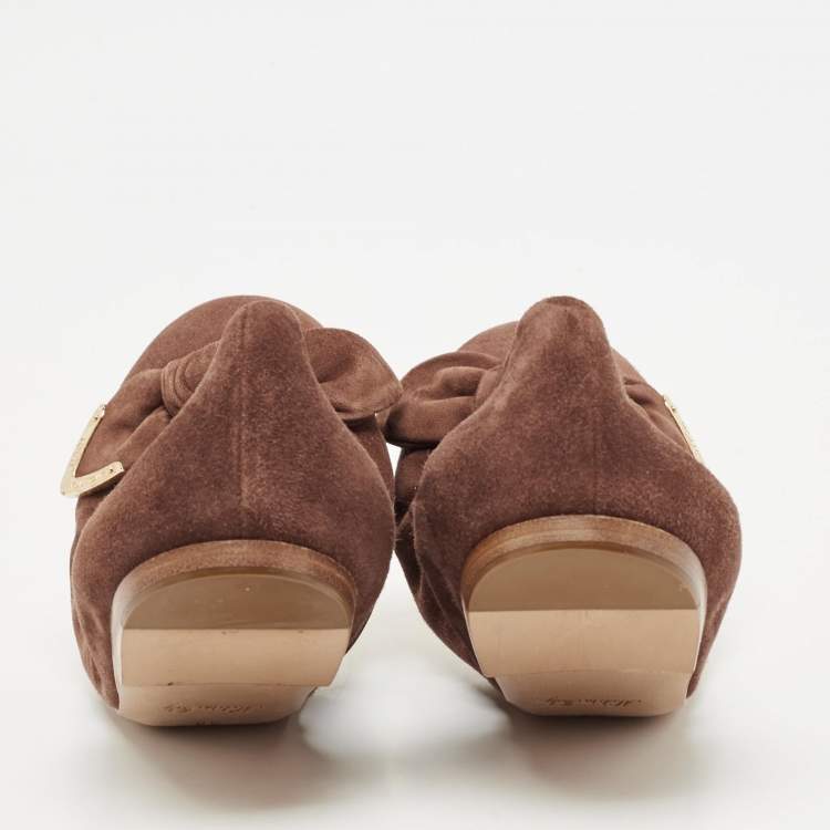 Pre Owned Louis Vuitton Brown Suede Leather Bow Knot Scrunch Ballet Flats Size 39