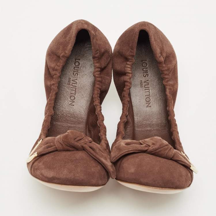 Pre Owned Louis Vuitton Brown Suede Leather Bow Knot Scrunch Ballet Flats Size 39