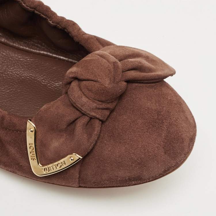 Pre Owned Louis Vuitton Brown Suede Leather Bow Knot Scrunch Ballet Flats Size 39