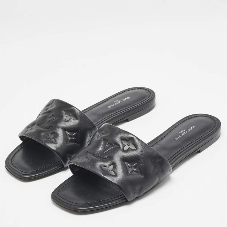 Pre Owned Louis Vuitton Black Monogram Embossed Leather Revival Flat Slides Size 38