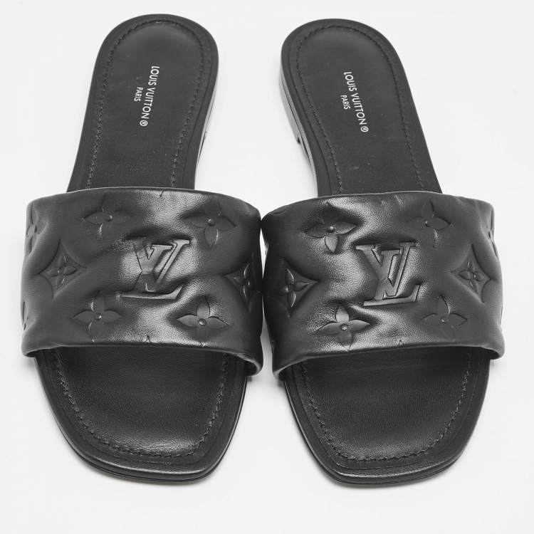 Pre Owned Louis Vuitton Black Monogram Embossed Leather Revival Flat Slides Size 38