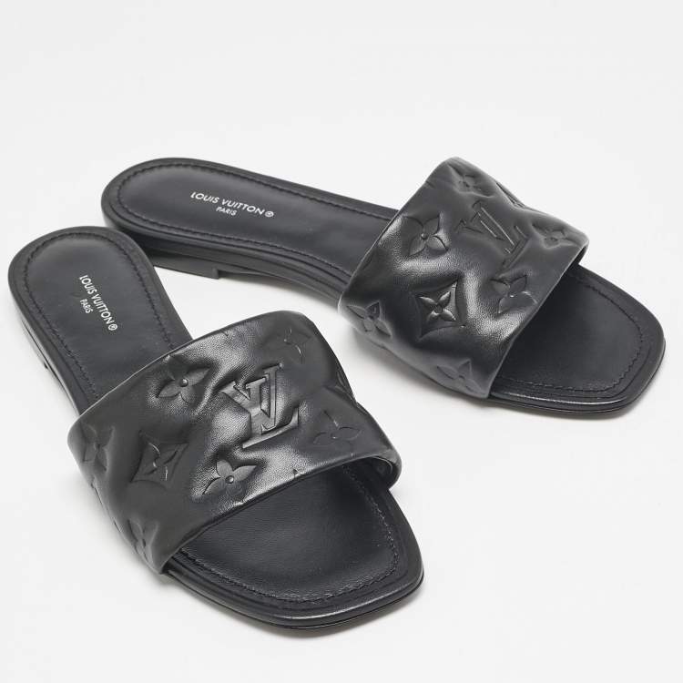 Pre Owned Louis Vuitton Black Monogram Embossed Leather Revival Flat Slides Size 38
