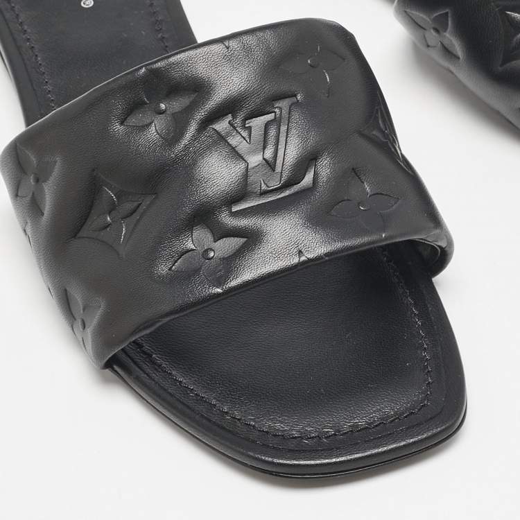 Pre Owned Louis Vuitton Black Monogram Embossed Leather Revival Flat Slides Size 38