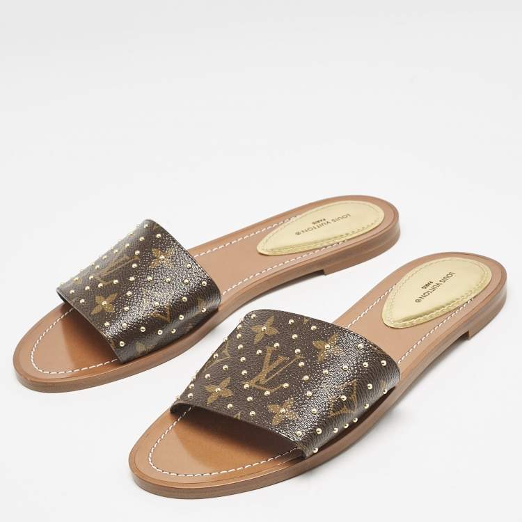 Pre Owned Louis Vuitton Monogram Canvas Studded Lock It Flat Slides Size 38.5