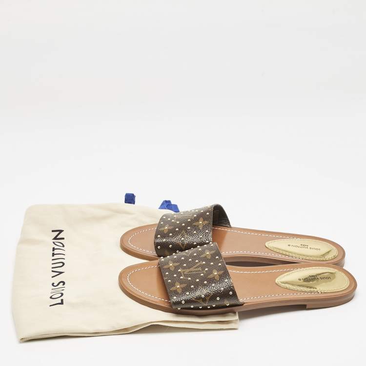 Pre Owned Louis Vuitton Monogram Canvas Studded Lock It Flat Slides Size 38.5