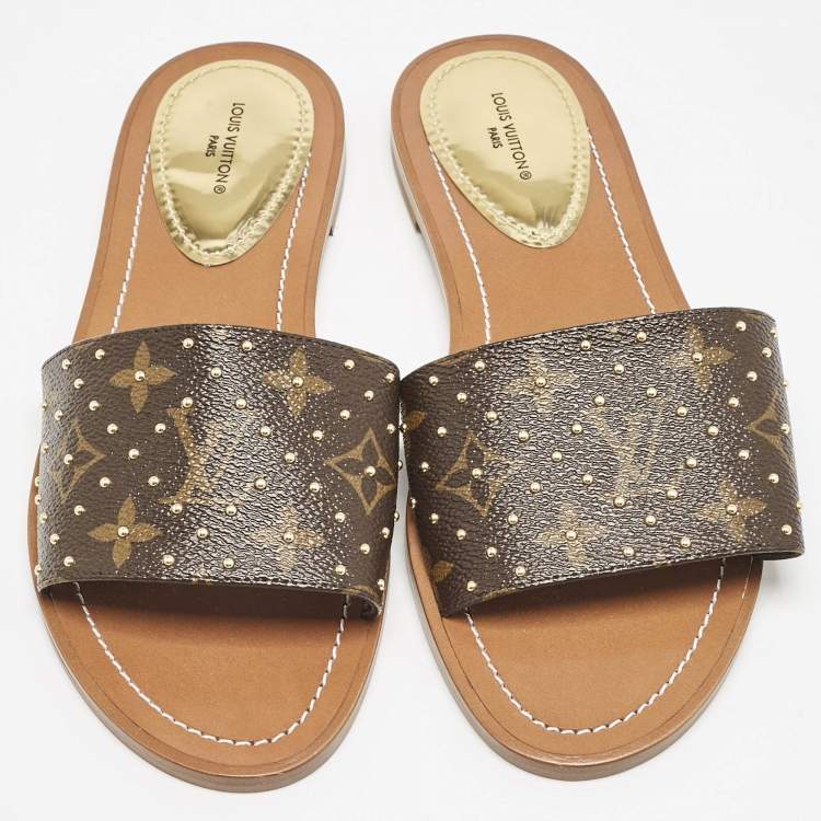 Pre Owned Louis Vuitton Monogram Canvas Studded Lock It Flat Slides Size 38.5