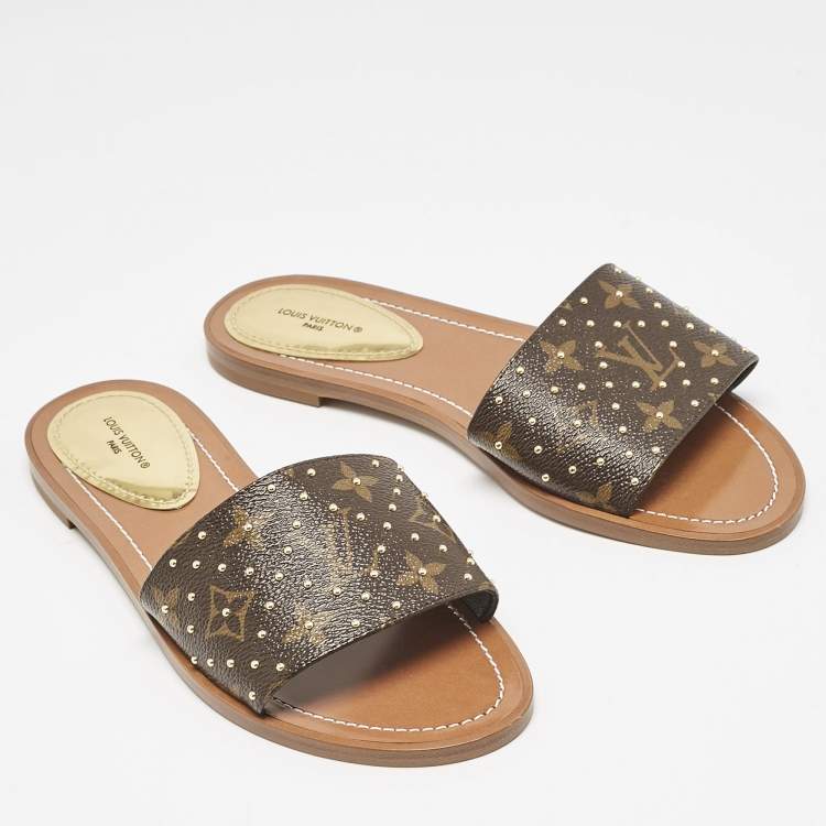 Pre Owned Louis Vuitton Monogram Canvas Studded Lock It Flat Slides Size 38.5