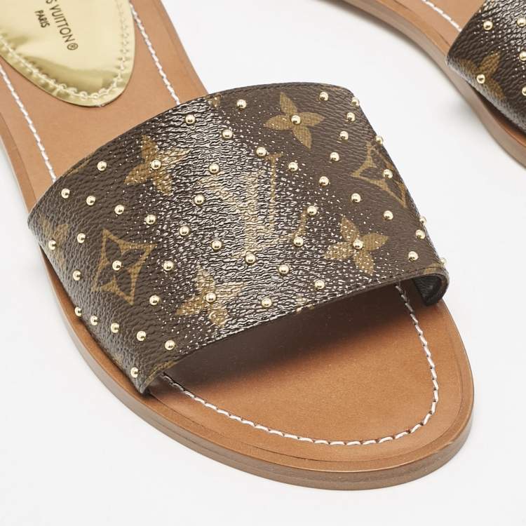 Pre Owned Louis Vuitton Monogram Canvas Studded Lock It Flat Slides Size 38.5