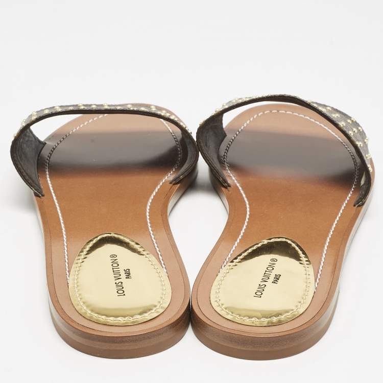 Pre Owned Louis Vuitton Monogram Canvas Studded Lock It Flat Slides Size 38.5