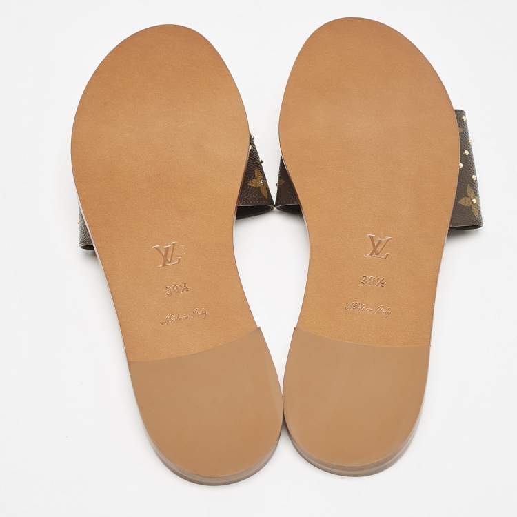 Pre Owned Louis Vuitton Monogram Canvas Studded Lock It Flat Slides Size 38.5