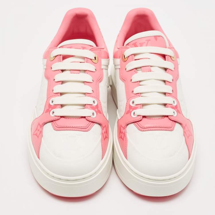 Pre Owned Louis Vuitton White/Pink Leather Time Out Low Top Sneakers Size 38.5