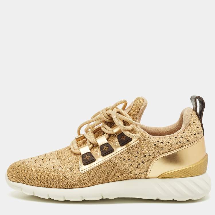 Pre Owned Louis Vuitton Gold Knit Fabric and Leather Aftergame Sneakers Size 38