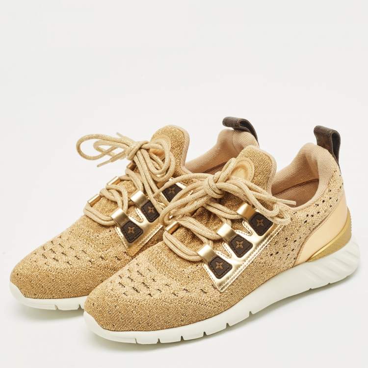 Pre Owned Louis Vuitton Gold Knit Fabric and Leather Aftergame Sneakers Size 38