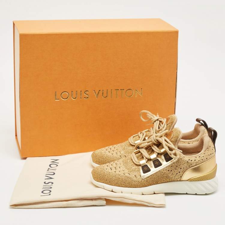 Pre Owned Louis Vuitton Gold Knit Fabric and Leather Aftergame Sneakers Size 38