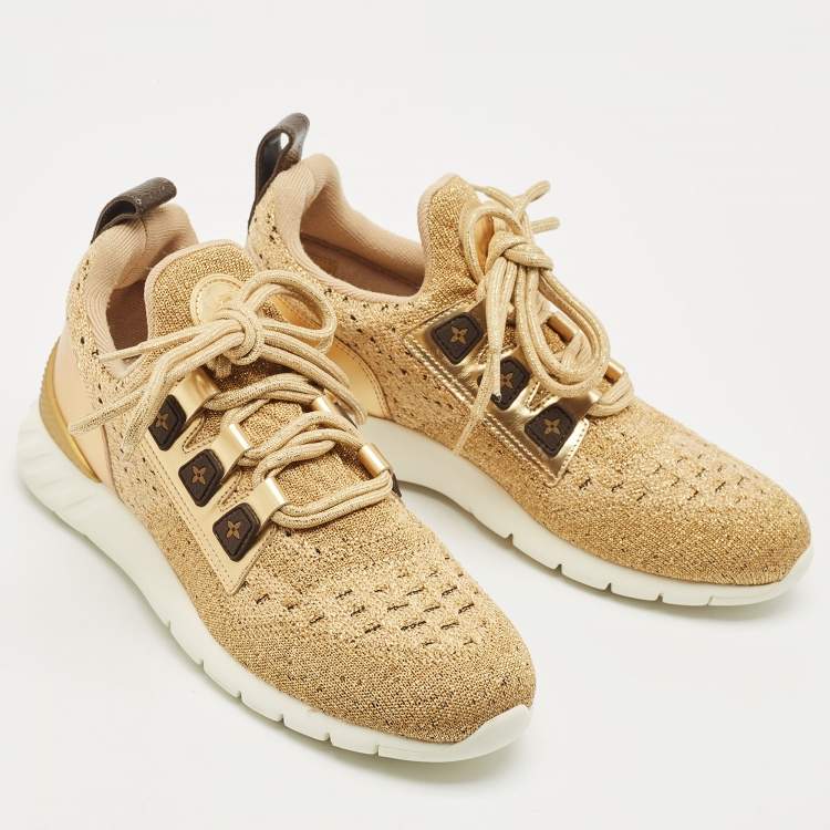 Pre Owned Louis Vuitton Gold Knit Fabric and Leather Aftergame Sneakers Size 38